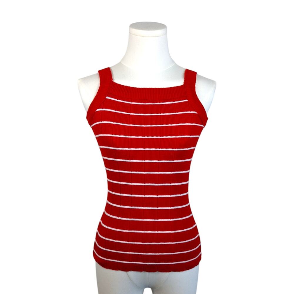 Vintage Knit High Neck Sleeveless Top Red and White Striped Junior's Medium